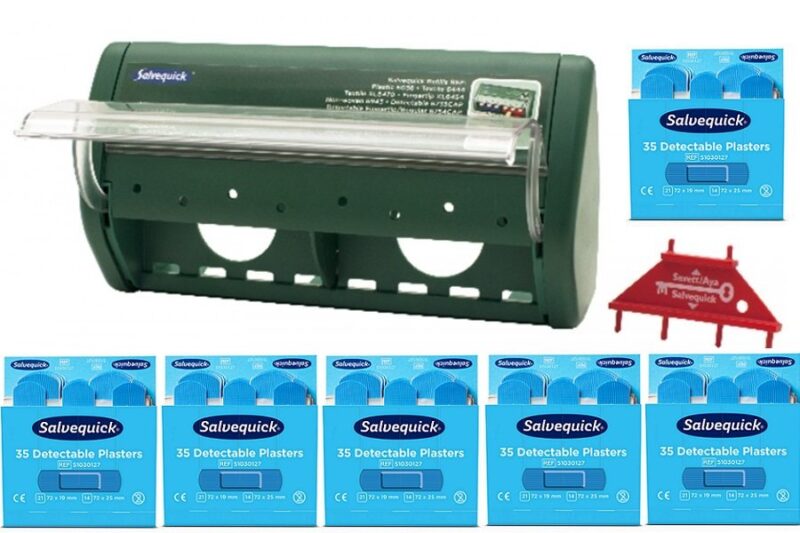 6 wkładów plastrów niebieskich wykrywalnych Salvequick Cederroth REF 51030127 + Automat do plastrów REF 490710 GRATIS !