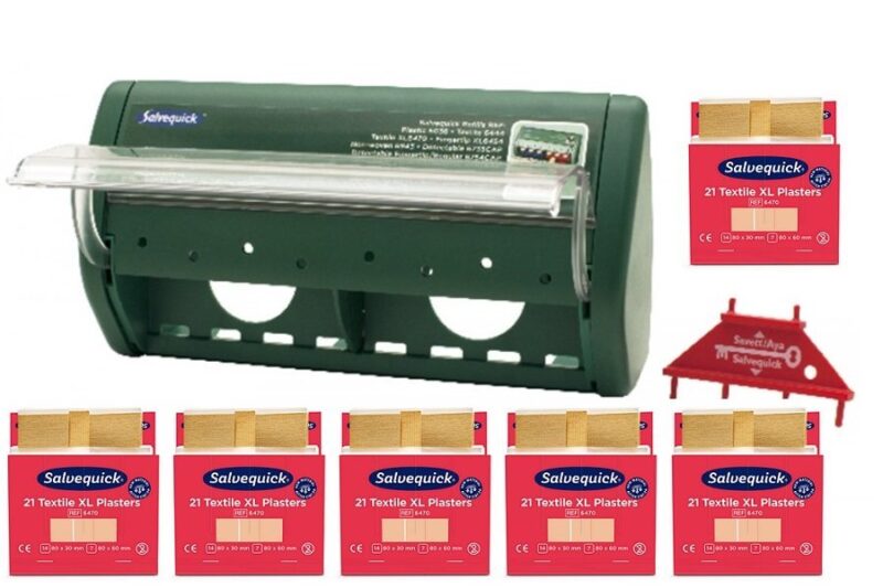 6 wkładów plastrów tekstylnych XL Salvequick Cederroth REF 6470 + Automat do plastrów REF 490710 GRATIS !