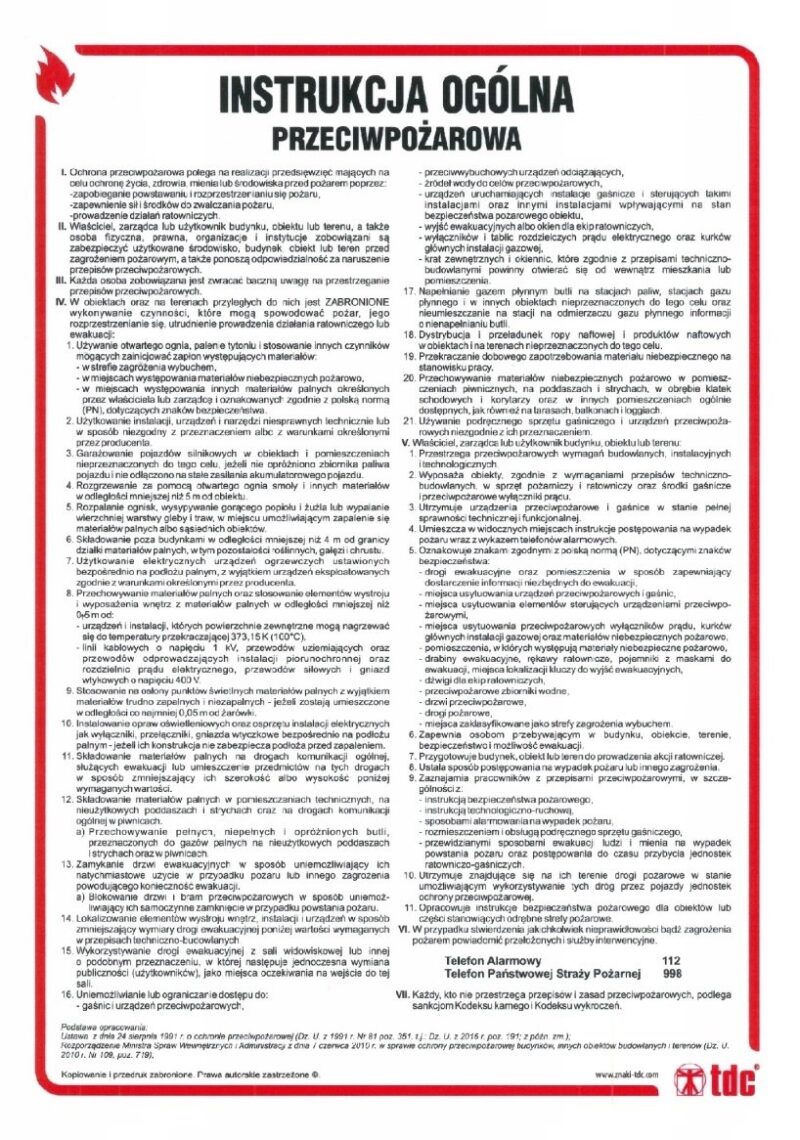 Instrukcja ogólna przeciwpożarowa  24,5 cm x 35 cm PCV