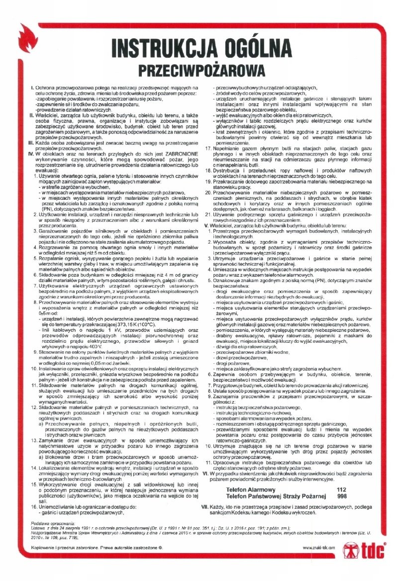 Instrukcja ogólna przeciwpożarowa  24,5 cm x 35 cm PCV